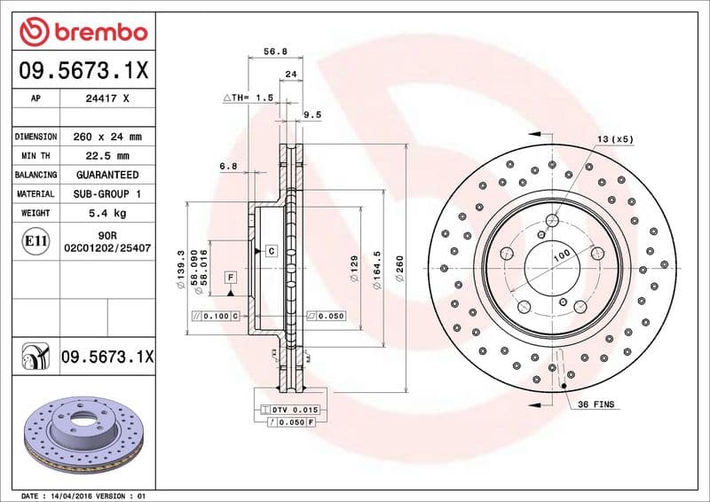 Brake disc, BREMBO Xtra, 1pcs, Drilled, Voor   Links/Rechts, buitendiameter 260 mm, dikte 24 mm, past: SUBARU IMPREZA, LEGACY I, LEGACY II, LEGACY III 1.5-2.2 01.89-