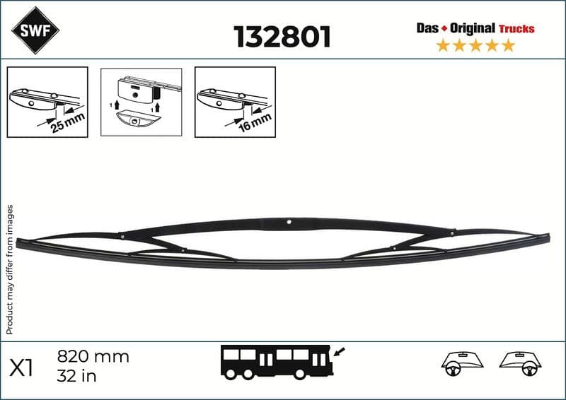 Wisserblad draaibaar Voor (1pcs) Truck 800mm past: IVECO 370  MAN EM, NG, NL, NM, SD, SG, SL, SL II, SM, SÜ  MERCEDES O 402, O 405, OF  SCANIA 4 BUS, F, OMNICITY, OMNIEXPRESS, OMNILINK 01.73-