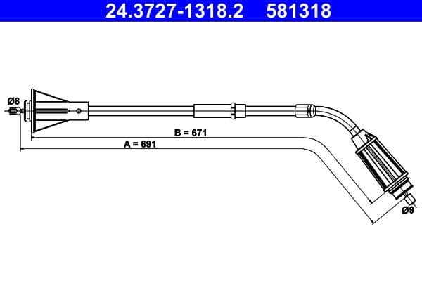 Handremkabel Achter Rechts (691mm/671mm, type rem: schijf) past: VOLVO S80 II 1.6D-4.4 03.06-12.16