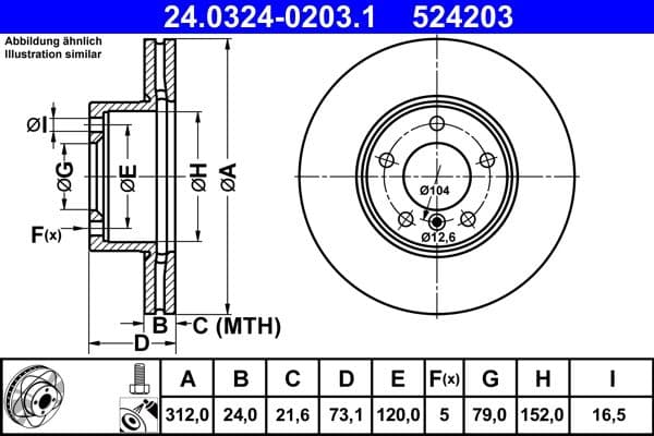 Brake disc, 1pcs, ATE PowerDisc, Geventileerd, Cut, Voor   Links/Rechts, buitendiameter 312 mm, dikte 24 mm, past: BMW 1 (F20), 1 (F21), 2 (F22, F87), 2 (F23), 3 (E90) 1.6-3.0 12.04-