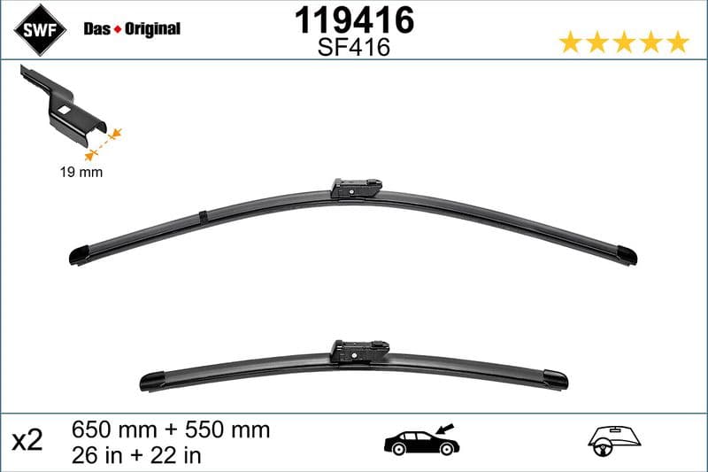 Wisserblad voegloos Voor met spoiler (2pcs) Standard 650/550mm past: CITROEN JUMPER III  FIAT DUCATO  OPEL MOVANO C  PEUGEOT BOXER  TOYOTA PROACE MAX 04.06-