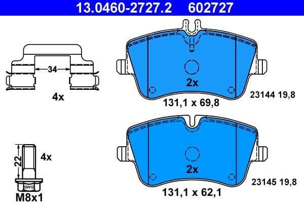 Remblokken set Voor (met extra's  met remklauw geleidingsbouten), past: MERCEDES C (CL203), C T-MODEL (S203), C (W203), CLC (CL203), CLK (A209), CLK (C209), SLK (R171) 1.6-3.2 05.00-06.11