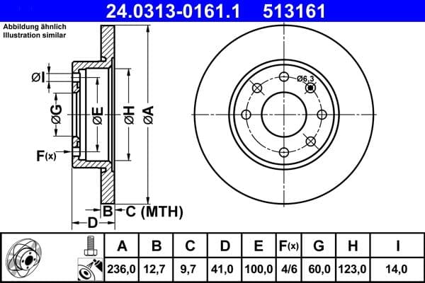 Brake disc, 1pcs, ATE PowerDisc, vol, Cut, Voor   Links/Rechts, buitendiameter 236 mm, dikte 12,7 mm, past: OPEL ASCONA C, ASTRA F, ASTRA F CLASSIC, CORSA A, CORSA A TR 1.0-1.8 08.79-01.05