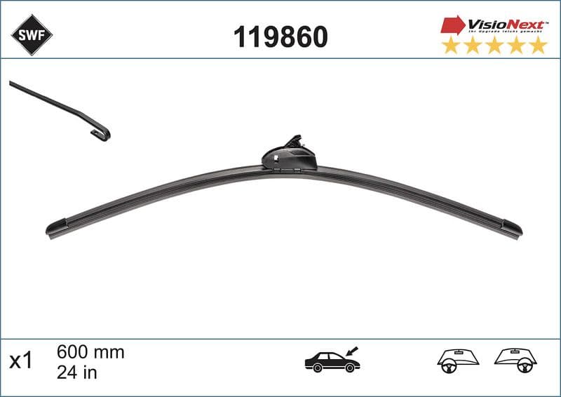 Wisserblad voegloos Voor met spoiler (1pcs) Visionext 600mm past: IVECO DAILY IV, DAILY V  MERCEDES E (W213)  BMW 7 (E65, E66, E67)  RENAULT LATITUDE, MASTER II  VW PHAETON 07.98-
