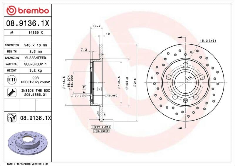 Brake disc, BREMBO Xtra, 1pcs, Drilled, Achter   Links/Rechts, buitendiameter 245 mm, dikte 10 mm, past: AUDI 80 B4, A4 B6, A4 B7, COUPE B3  SEAT EXEO, EXEO ST 1.6-2.8 11.88-05.13