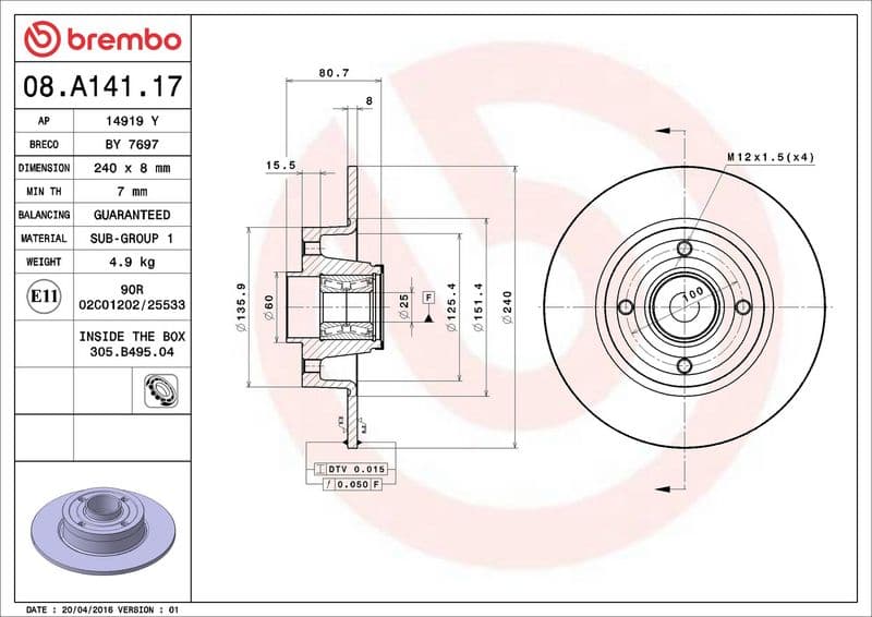 Remschijf met lager Achter Links/Rechts (met ABS ring) past: DACIA SANDERO II  NISSAN NOTE  RENAULT CLIO III, MEGANE II, MODUS, THALIA II, THALIA III, TWINGO II, WIND 0.9-2.0 09.02-