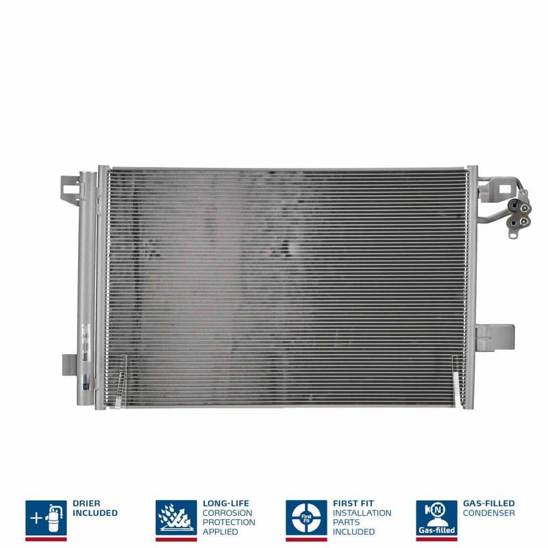 A/C condensator (met droger, (EN) additional fitting elements) past: VW CALIFORNIA T5 CAMPER, MULTIVAN T5, TRANSPORTER T5 2.0/2.0CNG/2.0D 11.03-08.15