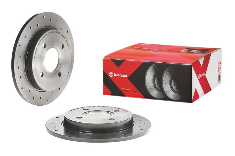 Brake disc, BREMBO Xtra, 1pcs, Drilled, Achter   Links/Rechts, buitendiameter 253 mm, dikte 10 mm, past: FORD FIESTA, FIESTA V, FIESTA VI, FOCUS I, SCORPIO I, SCORPIO II 1.0-2.9 08.82-01.18