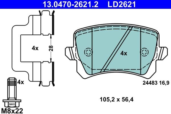 Keramische remblokken Achter (voor geventileerde schijven), past: SKODA OCTAVIA III  VW CC B7, GOLF V, GOLF VI, PASSAT ALLTRACK B7, PASSAT B6, PASSAT B7 1.0-Electric 03.05-12.20