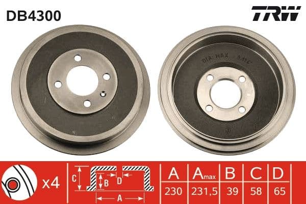 Brake drum Achter past: SEAT INCA  VW CADDY II 1.4-1.9D 11.95-01.04