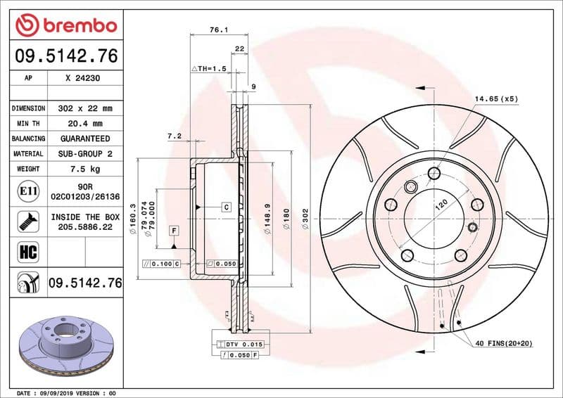 Brake disc, BREMBO Max, 1pcs, Cut, Voor   Links/Rechts, buitendiameter 302 mm, dikte 22 mm, past: BMW 5 (E34), 7 (E32) 2.0-3.4 03.85-07.96