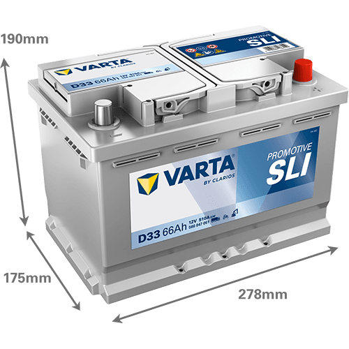 Batterij 12V 66Ah/510A (EN) PROMOTIVE SLI (R+) 278x175x190 B03 - montageflens 10,5 mm (Beginnen)