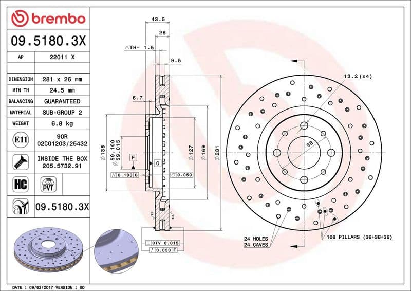Brake disc, BREMBO Xtra, 1pcs, Drilled, Voor   Links/Rechts, buitendiameter 281 mm, dikte 26 mm, past: ABARTH 500E  ALFA ROMEO MITO  FIAT 500E, BRAVO II, STILO, TIPO 1.1-Electric 01.88-