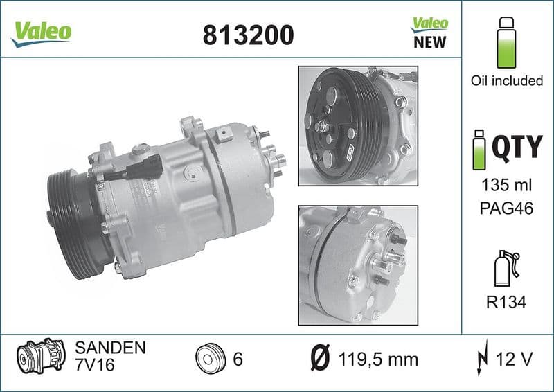 Airconditioning compressor past: MERCEDES V (638/2)  AUDI A3, TT  FORD GALAXY I  PEUGEOT 306  SEAT ALHAMBRA, CORDOBA, CORDOBA VARIO, IBIZA II, INCA, LEON, TOLEDO I, TOLEDO II 1.0-3.2 02.88-12.13
