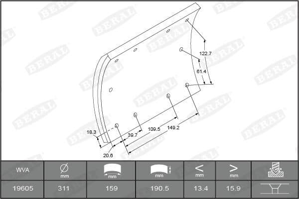 Brake shoe lining Achter (311x190. 1-overmaat) past: MERITOR TM