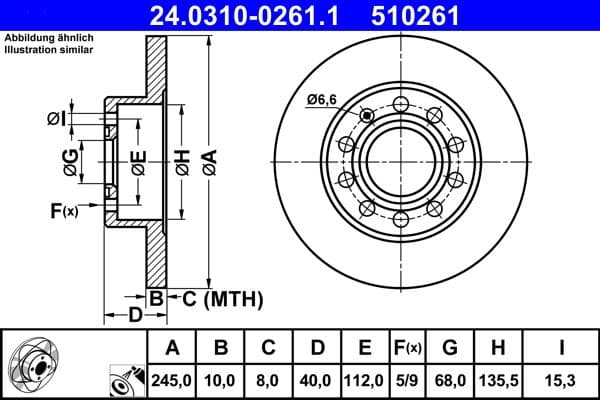 Brake disc, 1pcs, ATE PowerDisc, vol, Cut, Achter   Links/Rechts, buitendiameter 245 mm, dikte 10 mm, past: AUDI 80 B4, A4 B6, A4 B7, COUPE B3  SEAT EXEO, EXEO ST 1.6-3.2 09.90-05.13
