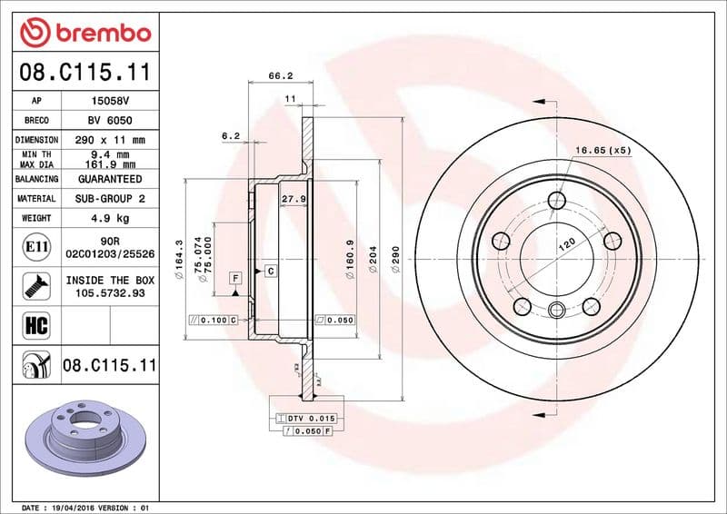 Brake disc Achter Links/Rechts past: BMW 1 (F20), 1 (F21), 2 (F22, F87), 2 (F23) 1.5-2.0D 07.11-06.21