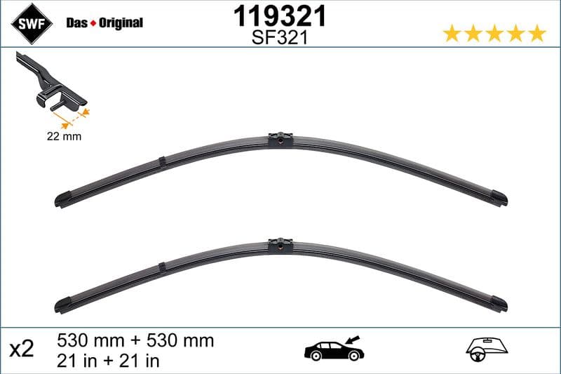 Wisserblad voegloos Voor met spoiler (2pcs) Visioflex 530mm past: SKODA SUPERB I  VW BORA, BORA I, GOLF IV, PASSAT B5.5, POLO IV 08.97-