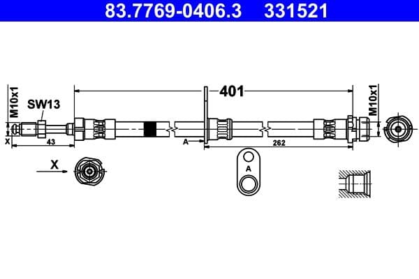 Remleiding/slang flexibel Achter Rechts (lengte 401mm, M10x1/M10x1) past: FORD TOURNEO CONNECT V408 NADWOZIE WIELKO, TRANSIT CONNECT, TRANSIT CONNECT V408 1.0-1.6D 09.13-