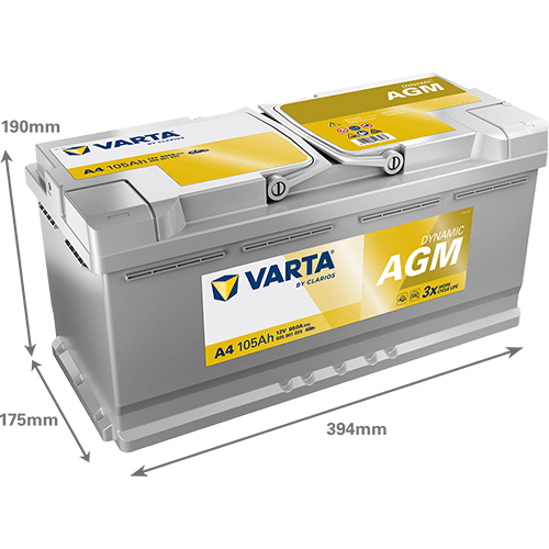 Batterij VARTA 12V 105Ah/950A (EN) Dynamic AGM  (EN) START&STOP AGM (R+) 394x175x190 B13 - montageflens 10,5 mm