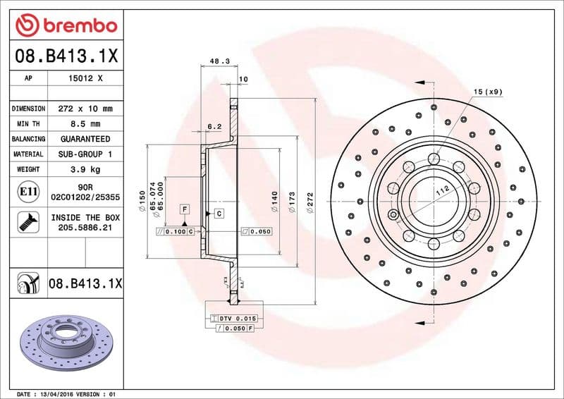 Brake disc, BREMBO Xtra, 1pcs, Drilled, Achter   Links/Rechts, buitendiameter 272 mm, dikte 10 mm, past: AUDI A1, A3, A3 ALLSTREET, Q2, TT  CUPRA FORMENTOR, LEON 1.0-Electric 02.03-