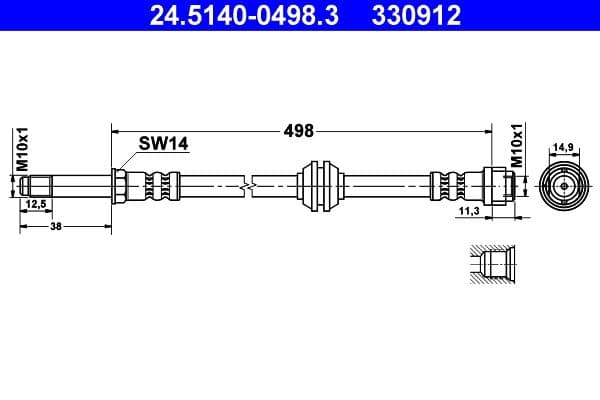 Remleiding/slang flexibel Voor Links/Rechts (lengte 498mm, M10x1/M10x1) past: MERCEDES VIANO (W639), VITO / MIXTO (W639), VITO (W639) 2.1D-Electric 09.03-