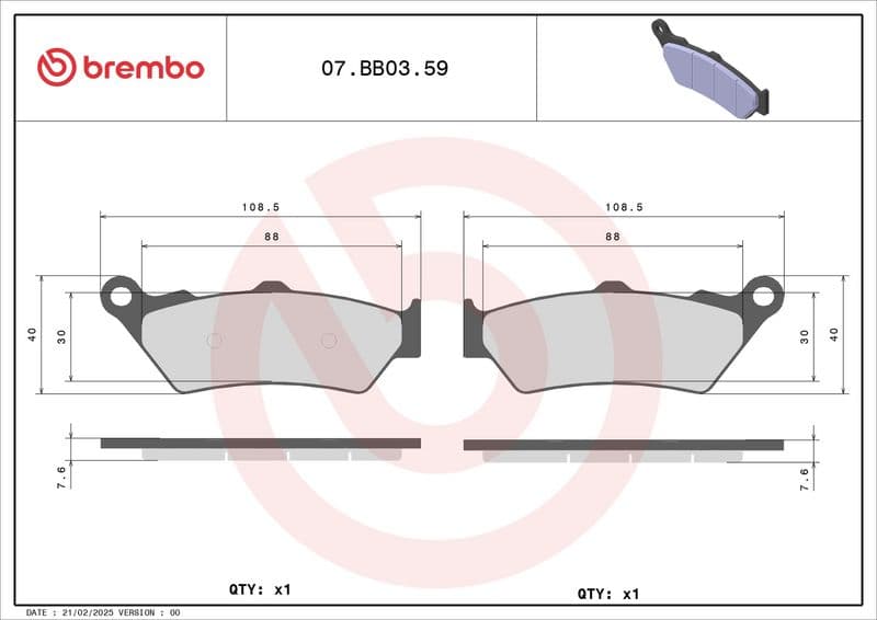 Brake pads Achter/Voor, beoogd gebruik: oe gelijkwaardig, materiaal: sinter-59, 40,1x108,5x7,6mm past: APRILIA ETV, MOTO, PEGASO, RS  BMW C1, F, G, R  DUCATI GT, PAUL SMART 125-1250 1976-2019