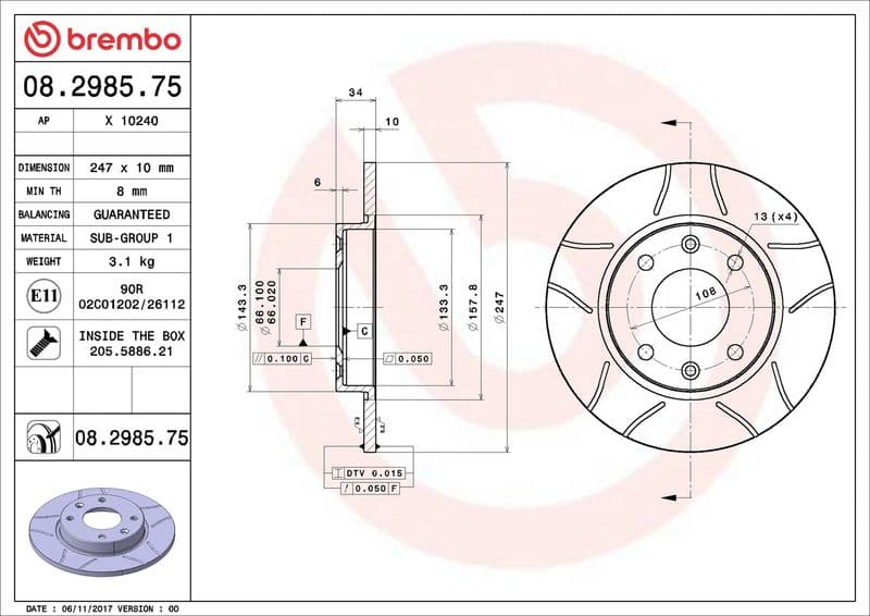 Brake disc, BREMBO Max, 1pcs, Cut   Links/Rechts, buitendiameter 247 mm, dikte 10 mm, past: CITROEN C15, SAXO, VISA, ZX  FERRARI 512 M  PEUGEOT 106 I, 106 II, 205 1.0-Electric 02.83-02.07