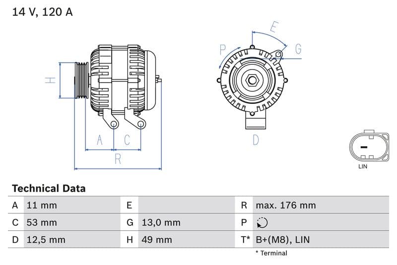 Dynamo (14V, 120A, gereviseerd) past: FORD B-MAX, C-MAX II, ECOSPORT, FIESTA, FIESTA VI, FOCUS III, GRAND C-MAX, KA+ III, KUGA II, MONDEO IV, TOURNEO CONNECT V408 NADWOZIE WIELKO 1.0-2.0D 03.07-