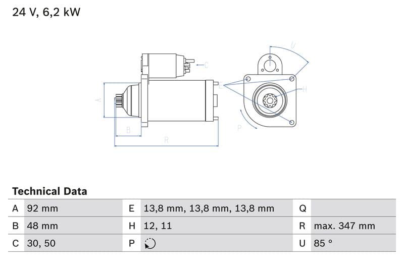Starter (24V, 6,2kW, gereviseerd) past: MERCEDES ACTROS, ACTROS MP2 / MP3, ACTROS MP4 / MP5, ANTOS, AROCS, AXOR, AXOR 2, CAPACITY, CITARO 2, CITARO (O 530), CONECTO (O 345) 471.943-OM542.969 04.96-
