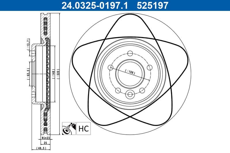 Brake disc, 1pcs, ATE PowerDisc, Geventileerd, Cut, Voor   Links/Rechts, buitendiameter 320 mm, dikte 25 mm, past: VOLVO C70 II, S40 II, V40, V50  FORD FOCUS II 1.5-2.5 12.03-08.19