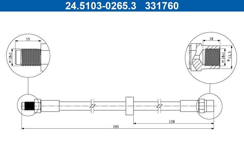 Remleiding/slang flexibel Achter Links/Rechts (lengte 295mm, M10x1) past: VOLVO S60 I, S80 I, V70 II 2.0-3.0 05.98-04.10