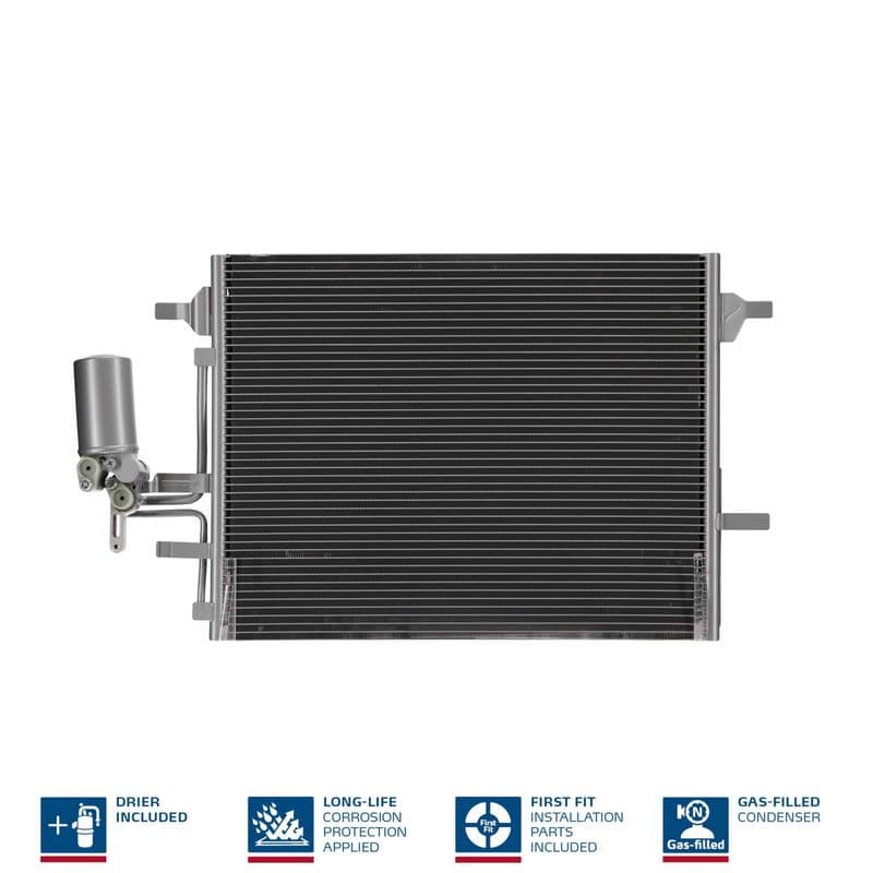 A/C condensator (met droger, (EN) additional fitting elements) past: VOLVO S60 II, S80 II, V60 I, V70 III, XC60 I, XC70 II 1.5-3.2 05.08-12.18