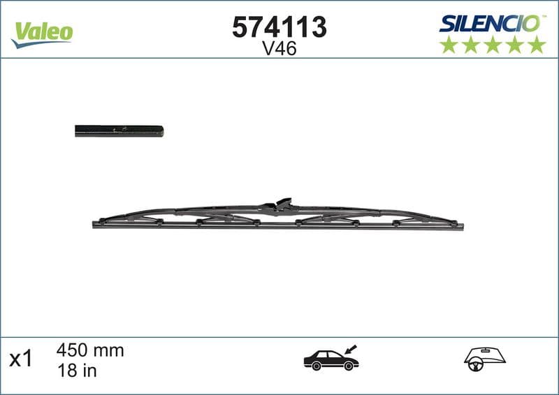 Wisserblad draaibaar Voor (1pcs) V46 Silencio 450mm past: VOLVO 340-360  AUSTIN MAESTRO  BMW 5 (E12), 6 (E24), 7 (E23)  DAIHATSU APPLAUSE I, APPLAUSE II, CHARADE II, CHARADE III 03.69-12.04