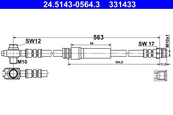 Remleiding/slang flexibel Voor Links/Rechts (lengte 563mm,diameter 10,15mm, M10x1/M10x1,5) past: AUDI A3  SEAT ALTEA, ALTEA XL, LEON, TOLEDO III  SKODA OCTAVIA II, SUPERB II 1.2-Electric 02.98-12.17