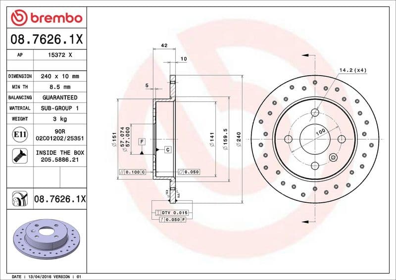 Brake disc, BREMBO Xtra, 1pcs, Drilled, Achter   Links/Rechts, buitendiameter 240 mm, dikte 10 mm, past: CHEVROLET ASTRA, CORSA  OPEL ASTRA G, ASTRA G CLASSIC, ASTRA H 1.2-2.0D 08.94-