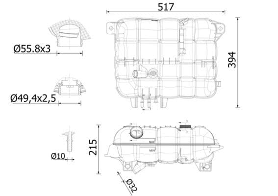 Koelvloeistof expansievat (met niveausensor) past: RVI C, K, T  VOLVO 8900, 9500, B11, FH, FH II, FH16, FH16 II D11A-370-DXi13520 01.03-