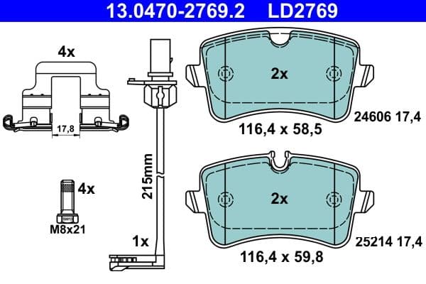 Keramische remblokken Achter (met extra's  met remklauw geleidingsbouten), past: AUDI A5, A6 C7, A7 1.8-4.2 03.10-09.18