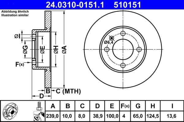 Brake disc, 1pcs, ATE PowerDisc, vol, Cut, Voor   Links/Rechts, buitendiameter 239 mm, dikte 10 mm, past: AUDI 80 B1, 80 B2  SEAT CORDOBA, CORDOBA VARIO, IBIZA II 1.0-2.0 05.72-12.02