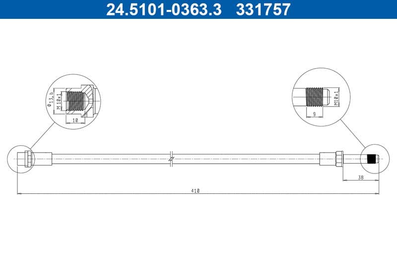 Remleiding/slang flexibel Achter Links/Rechts (lengte 412mm, M10x1) past: MERCEDES SPRINTER 2-T (B901, B902), SPRINTER 3,5-T (B909), SPRINTER 3-T (B903), SPRINTER 4,6-T (B909) 2.1D-2.9D 01.95-