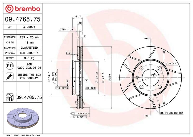 Brake disc, BREMBO Max, 1pcs, Cut, Voor   Links/Rechts, buitendiameter 239 mm, dikte 20 mm, past: AUDI 80 B1, 80 B2, 80 B3, COUPE B2  SEAT CORDOBA, CORDOBA VARIO, IBIZA II 1.0-2.8 09.73-07.06