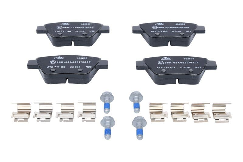 Remblokken set Achter (met extra's  met remklauw geleidingsbouten), past: AUDI A1, A3  SEAT ALTEA, ALTEA XL, LEON  SKODA OCTAVIA II, SUPERB II, YETI  VW BEETLE, CADDY 1.2-Electric 02.98-07.19