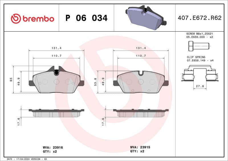 Remblokken set Voor , past: BMW 1 (E81), 1 (E82), 1 (E87), 1 (E88), 2 (F45)  MINI (F55), (F56), (F57), (R56), (R57), (R58), (R59), CLUBMAN (F54), CLUBMAN (R55) 1.2-Electric 06.04-