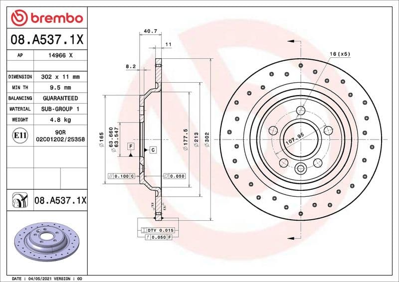 Brake disc, BREMBO Xtra, 1pcs, Drilled, Achter   Links/Rechts, buitendiameter 302 mm, dikte 11 mm, past: VOLVO S60 II, S80 II, V60 I, V70 III, XC70 II 1.5-4.4 03.06-12.18