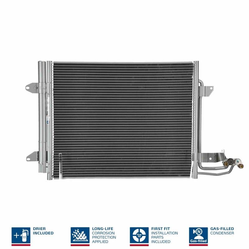 A/C condensator (met droger, (EN) additional fitting elements) past: VW CADDY III, TOURAN 1.4-2.0D 02.03-05.15