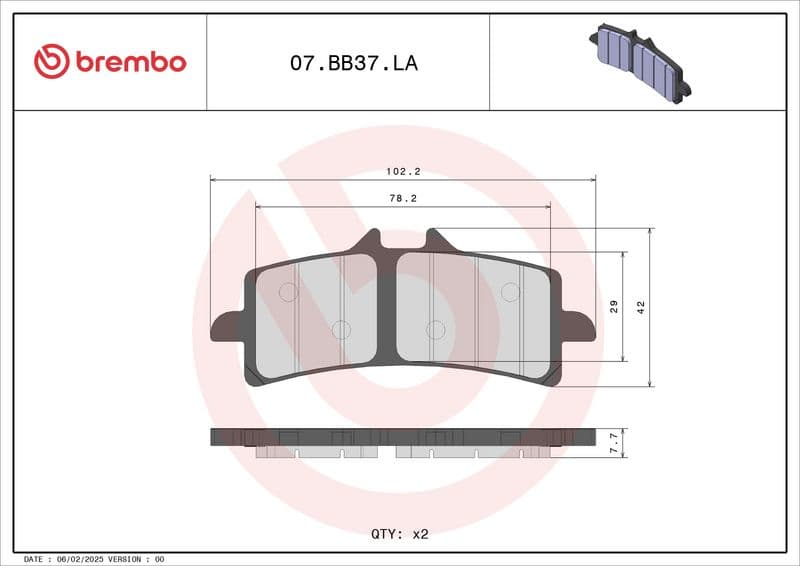 Brake pads Voor, beoogd gebruik: route, materiaal: sinter-LA, 41,9x102,2x8,1mm past: APRILIA RSV  BENELLI IMPETO, TESI  BIMOTA DB  BMW HP2, HP4, S  DUCATI 1098, 1198, 848, DESMOSEDICI 600-1400