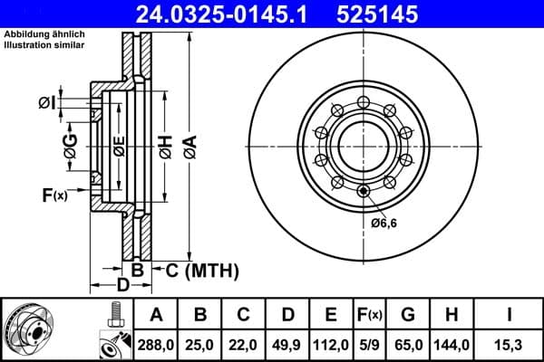 Brake disc, 1pcs, ATE PowerDisc, Geventileerd, Cut, Voor   Links/Rechts, buitendiameter 288 mm, dikte 25 mm, past: AUDI A1, A3, Q2  SEAT ALTEA, ALTEA XL, ATECA, CORDOBA 1.0-Electric 09.96-