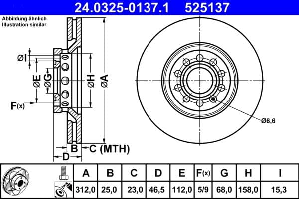 Brake disc, 1pcs, ATE PowerDisc, Geventileerd, Cut, Voor   Links/Rechts, buitendiameter 312 mm, dikte 25 mm, past: AUDI A4 B6, A4 B7, A6 C5  SEAT EXEO, EXEO ST 1.6-3.2 10.96-05.13