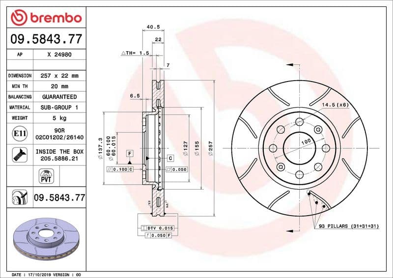 Brake disc, BREMBO Max, 1pcs, Cut, Voor   Links/Rechts, buitendiameter 257 mm, dikte 22 mm, past: ABARTH PUNTO  ALFA ROMEO MITO  CITROEN NEMO  FIAT 500, 500 C, 500E 0.9-Electric 01.88-
