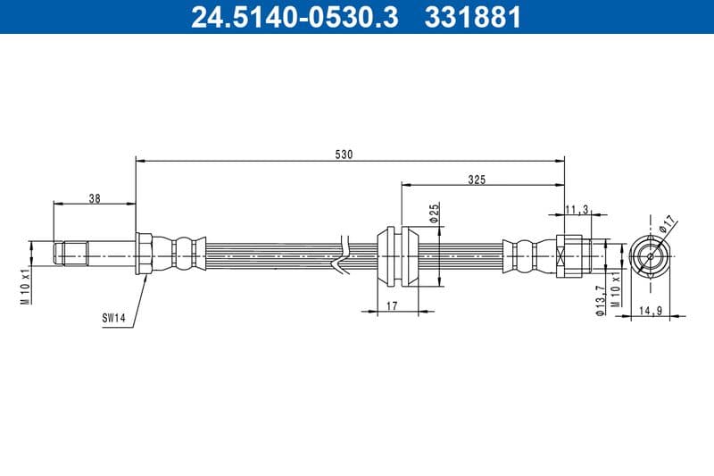 Remleiding/slang flexibel Voor (lengte 530mm, M10x1) past: MERCEDES MARCO POLO CAMPER (W447), V (W447), VITO MIXTO (DOUBLE CABIN), VITO TOURER (W447), VITO (W447) 2.0/2.0D/2.2D 03.14-